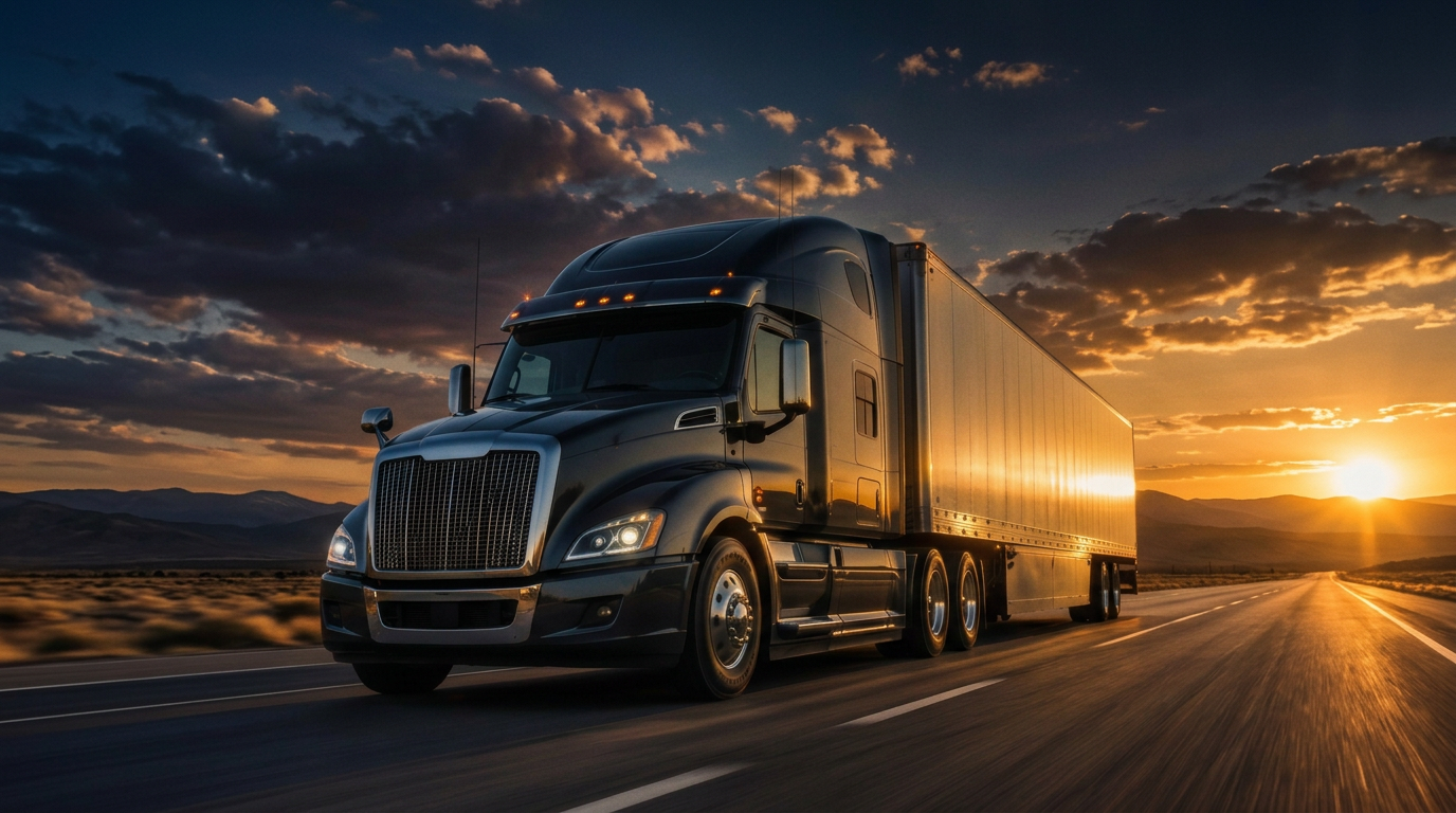 Semi truck pulling a loaded trailer down the interstate at dusk